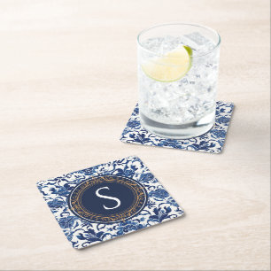 Blau-weiße Chinoiserie-Blumenmonogramm Rechteckiger Pappuntersetzer