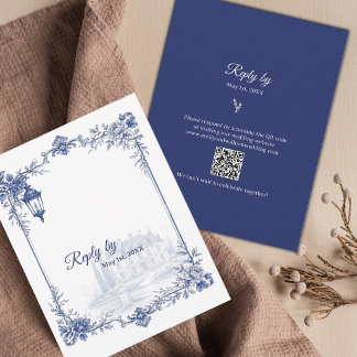 Blau Weiße Chinoiserie Gartenhochzeit QR-Code RSVP Karte