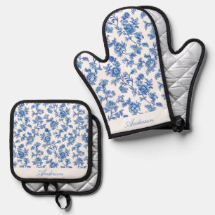 Blau-weiße Chinoiserie mit individuellem Namen Ofenhandschuh & Topflappen-Set
