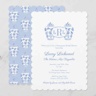 Blau-Weiße Chinoiserie-Monogramm-Brautparty Einladung