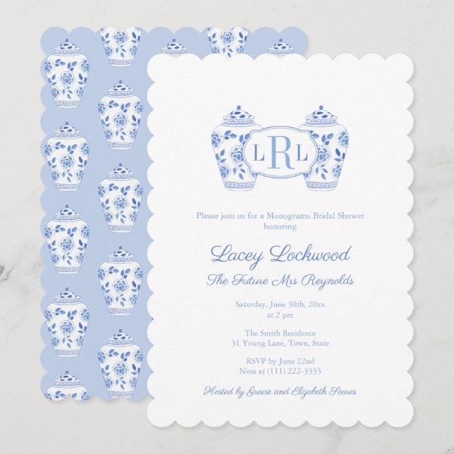 Blau-Weiße Chinoiserie-Monogramm-Brautparty Einladung (Vorne/Hinten)
