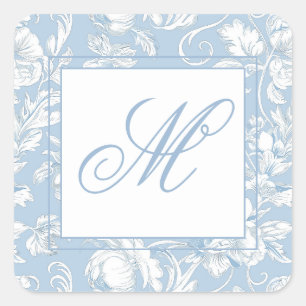Blau-weiße Chinoiserie-Monogramm Quadratischer Aufkleber