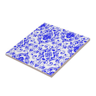 Blau-weiße Damask-Muster Elegant Fliese