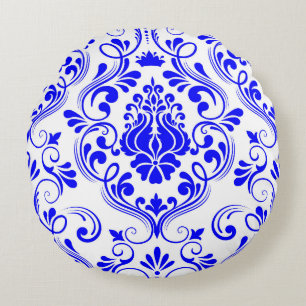 Blau-weiße Damask-Muster Elegant Rundes Kissen