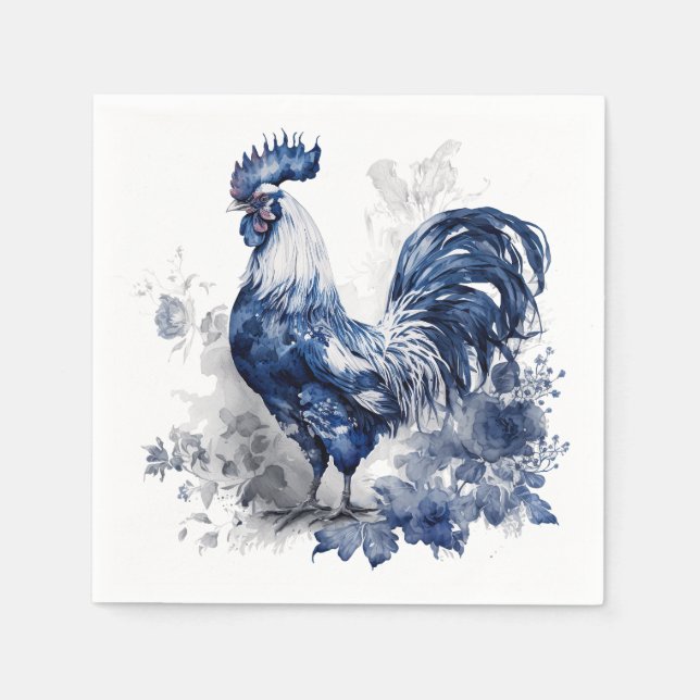 Blau-weiße Delft-Hahn mit Blume Serviette (Vorderseite)