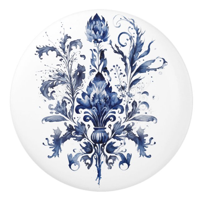 Blau-weiße Delft-Ziergegenstände mit Blume Keramikknauf (Vorderseite)