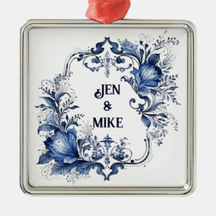 Blau-weiße Delft-Ziergegenstände mit Blume Ornament Aus Metall
