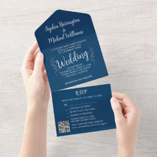 Blau Weiße Einladung zur Hochzeit mit Botanik-Moti