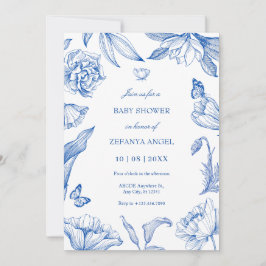 Blau-weiße, elegante Babydusche Einladung