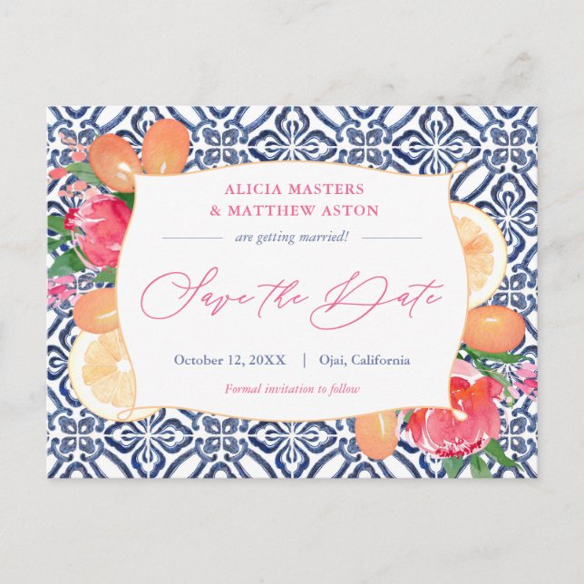 Blau weiße Fliesen Pink Citrus Hochzeit speichern  Postkarte (Vorderseite)