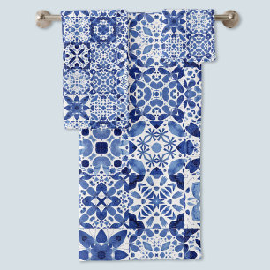 Blau-weiße Fliesenmuster Aquarell Badhandtuch Set