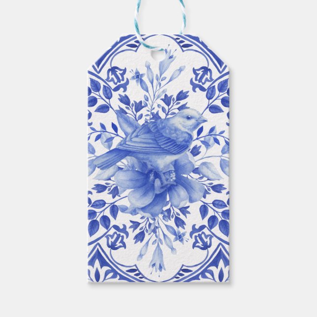 Blau-weiße Floral Tile mit Vogel Geschenkanhänger (Vorderseite)