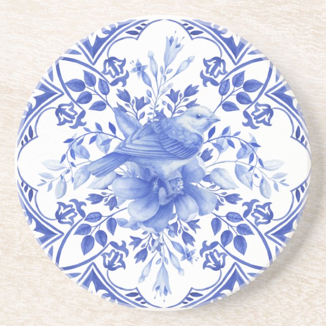 Blau-weiße Floral Tile mit Vogel Getränkeuntersetzer (Vorne)