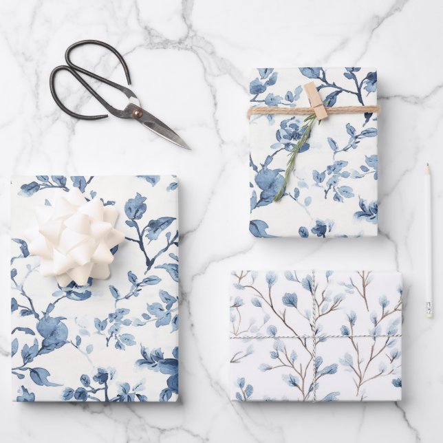 Blau Weiße Florale Brautparty Geschenkpapier Set (Vorderseite)