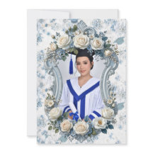 Blau-weiße Florale Foto-Abschluss-Einladung