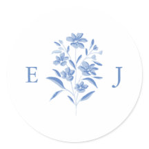Blau-weiße florale Hochzeitsmonogramm-Aufkleber