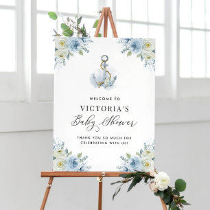 Blau-weiße florale nautische Babyparty-Begrüßung Poster