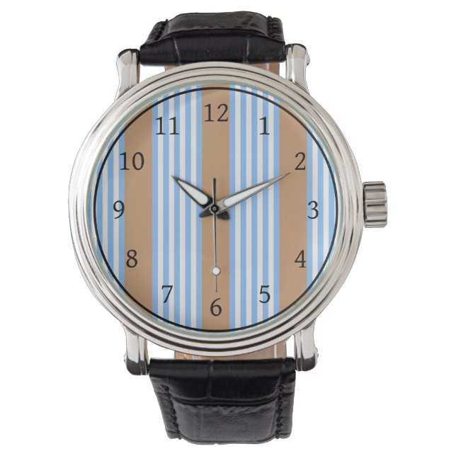 Blau-weiße Fünf-Streifen-Muster mit Bräune Armbanduhr (Vorderseite)
