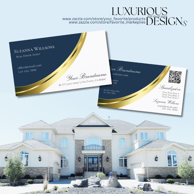 Blau-weiße Golddekoration mit QR-Code Stilvoll Visitenkarte (Von Creator hochgeladen)