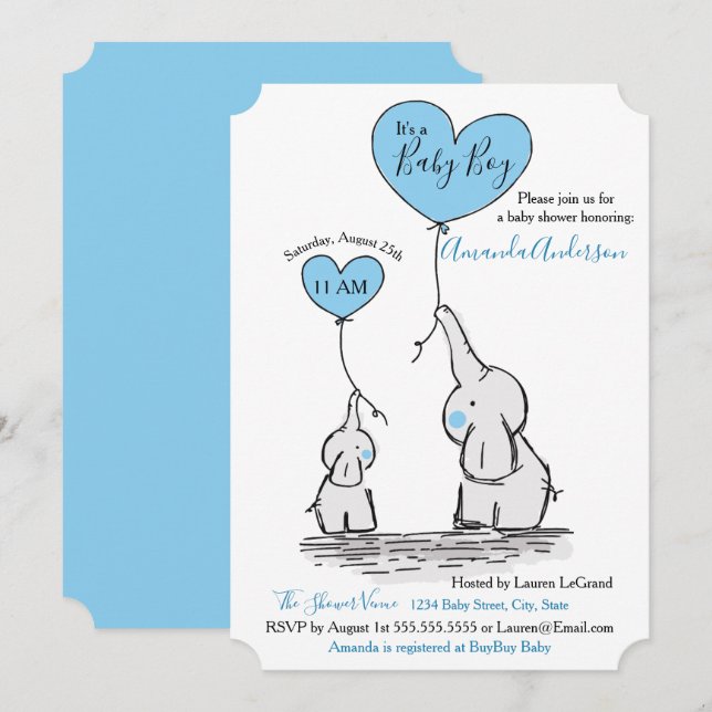 Blau, weiße graue Elefant-Babyparty-Einladung Einladung (Vorne/Hinten)