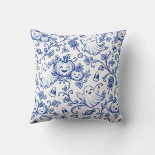 Blau-weiße Halloween-Toile-Muster mit süßen Geiste Kissen