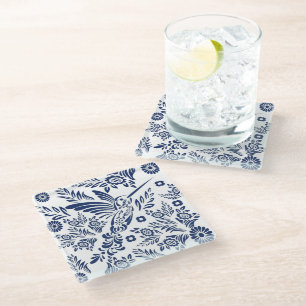 Blau-weiße Kolibri-Mexikanische Floral Talavera  Glasuntersetzer