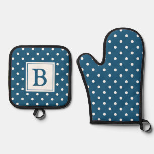 Blau-weiße Punkte-Monogramm Ofenhandschuh & Topflappen-Set
