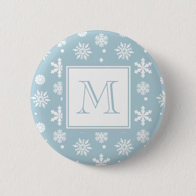 Blau-Weiße Schneeflocken Muster 1 mit Monogramm Button (Vorderseite)