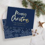 Blau-weiße Schrift frohe Weihnachten nicht Foto fü Folien Feiertagskarte<br><div class="desc">Navy Blau-Weiß-Drehbuch frohe Weihnachten nicht Foto modernen Sternenstaub Design.</div>