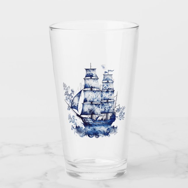 Blau-weiße Segelschiffe im Delft-Stil im Meer Glas (Vorderseite)