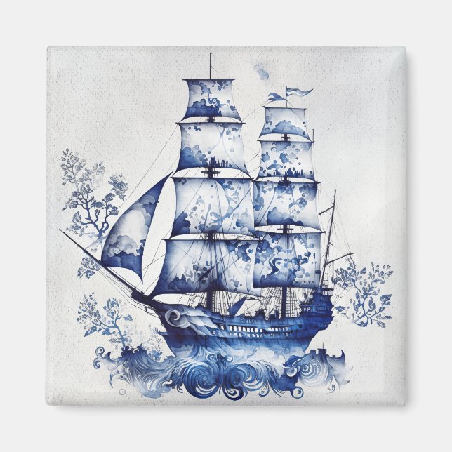 Blau-weiße Segelschiffe im Delft-Stil im Meer Magnet (Vorne)