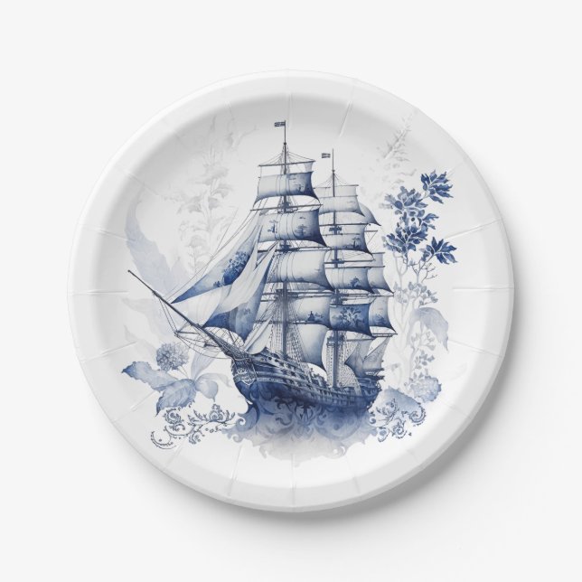 Blau-weiße Segelschiffe im Delft-Stil im Meer Pappteller (Vorderseite)