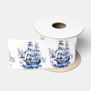 Blau-weiße Segelschiffe im Delft-Stil im Meer Satinband