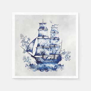 Blau-weiße Segelschiffe im Delft-Stil im Meer Serviette