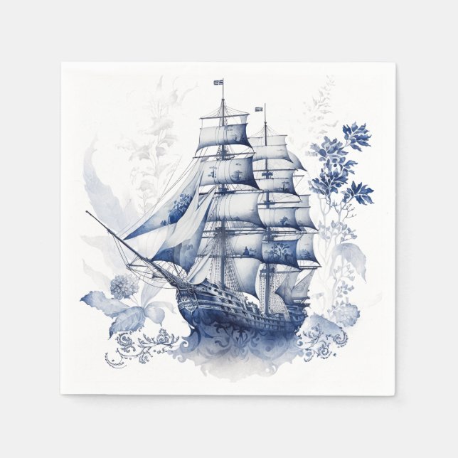 Blau-weiße Segelschiffe im Delft-Stil im Meer Serviette (Vorderseite)