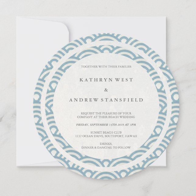 Blau + Weiße stilisierte Waves Elegant Beach Weddi Einladung (Vorderseite)