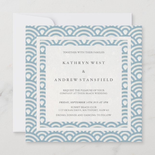 Blau + Weiße stilisierte Waves Elegant Beach Weddi Einladung (Vorderseite)