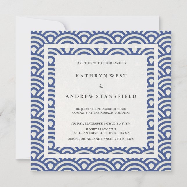 Blau + Weiße stilisierte Waves Elegant Beach Weddi Einladung (Vorderseite)