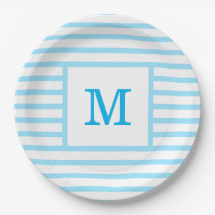Blau-weiße Streifen für Baby-Monogramm Pappteller
