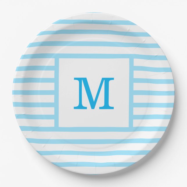 Blau-weiße Streifen für Baby-Monogramm Pappteller (Vorderseite)