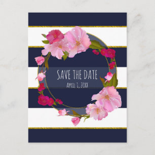 Blau Weiße und Goldene Moderne Florale Save The Da Ankündigungspostkarte