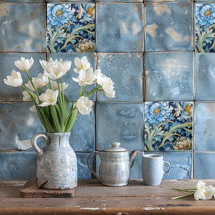 Blau-weiße Vintage-Blumen Fliese