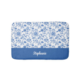 Blau-weiße vintage Blumenmuster personalisierter N Badematte
