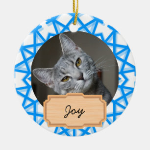 Blau-weiße Weihnachtskatze nach Maß Keramik Ornament
