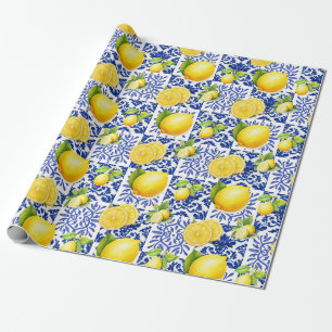 Blau Weiße Zitronen Fliesen Muster Mediterrane Zit Geschenkpapier