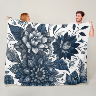 Blau-weißer Bohemien-Blumenprint Fleecedecke
