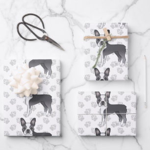 Blau-weißer Boston-Terrier-Cartoon-Hund-Muster Geschenkpapier Set
