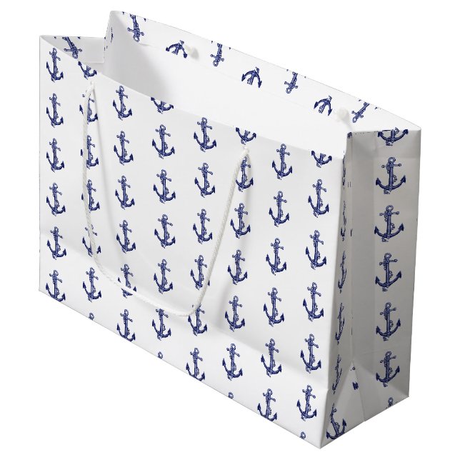 Blau-weißer nautischer Anker Große Geschenktüte (Vorderseite Schrägansicht)