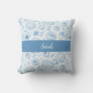 Blau-weißes Aquarell-Blumenmonogramm-Name Kissen