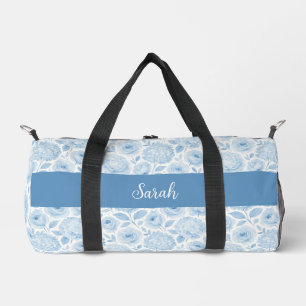 Blau-weißes Aquarell-Blumenmuster mit Monogramm-Na Duffle Bag